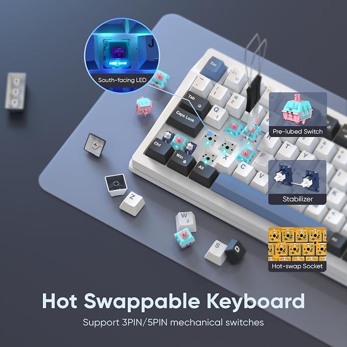 RedThunder K95 Wireless Mechanical Keyboard, TFT Screen & Knob, Tri-Mode BT5.0/2.4GHz/USB-C Hot Swappable Custom, Pre-lubed Linear Switches, Gasket Structure, RGB Gaming Keyboard, Snowy White-Blue - Image 6