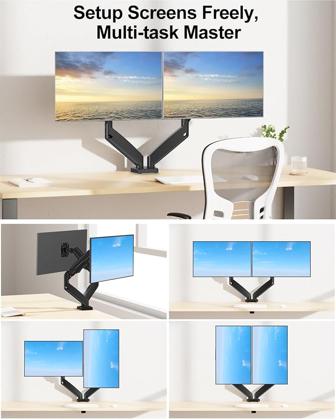 MOUNT PRO Dual Monitor Mount Fits 13 to 32 Inch Screen, Height Adjustable Monitor Stand for 2 Monitors, Full Motion Display Arm Holds up to 19.8lbs Each, Computer Desk VESA Mount, Black - Image 6
