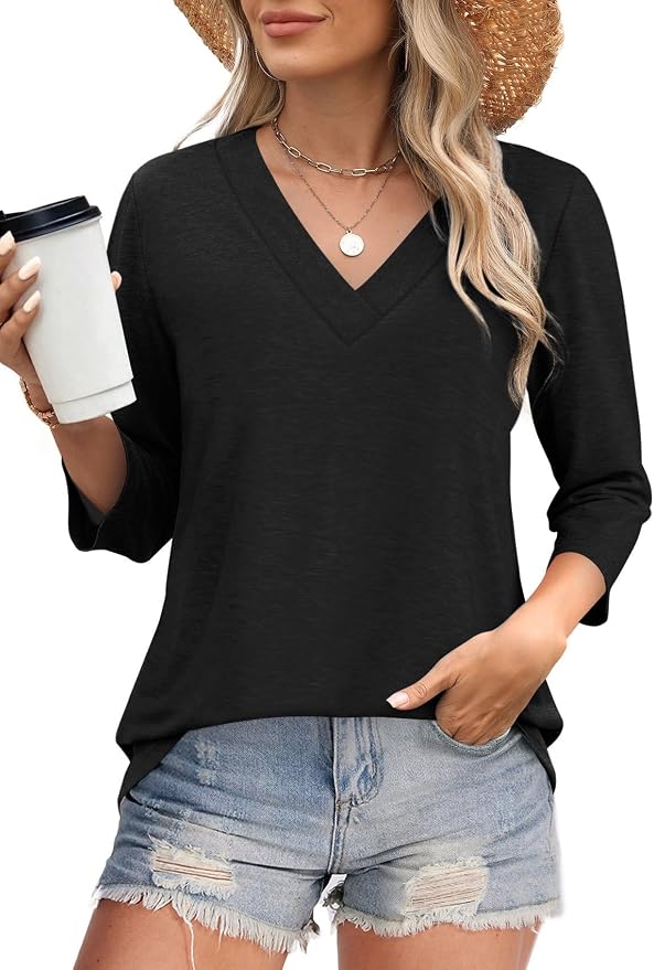 WIHOLL Womens Tops 3/4 Length Sleeve V Neck Casual Tunic Tops Basic Shirts Loose Fit Blouse - Image 2