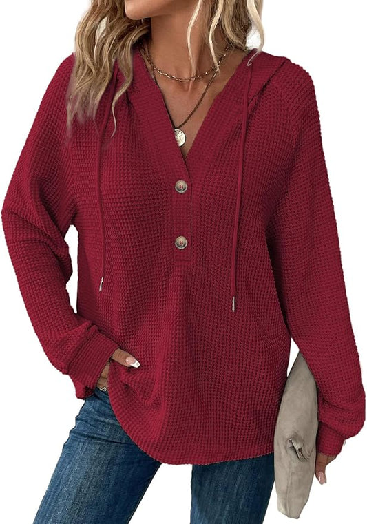 Dokotoo Hoodies for Women Waffle Knit Long Sleeve Drawstring Button V Neck Casual Sweatshirt Hooded Tops Fashion Clothing by Dokotoo
