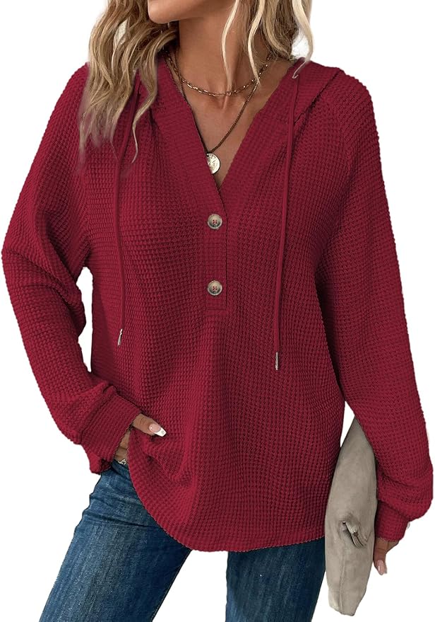 Dokotoo Hoodies for Women Waffle Knit Long Sleeve Drawstring Button V Neck Casual Sweatshirt Hooded Tops Fashion Clothing by Dokotoo