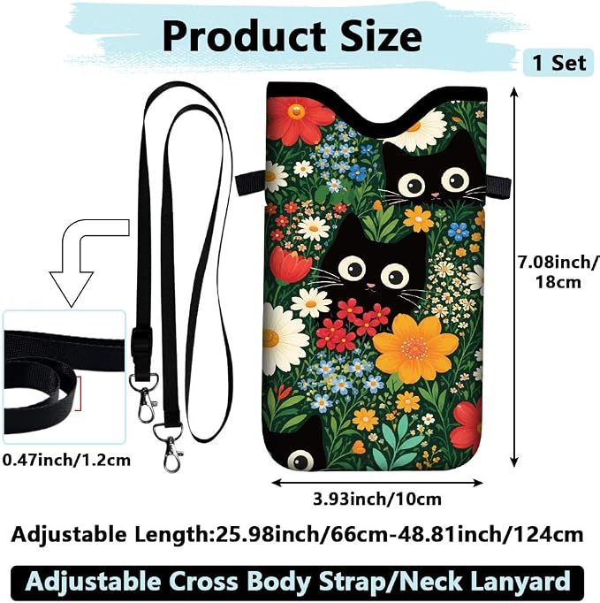 Cat Phone Pouch with Adjustable Strap Neck Lanyard Fits Most Smartphones 7.1 x 3.9 Inch Phone Crossbody Sleeve Black Cat Flower Pattern Neoprene Nylon Cellphone Carrying Case for Women Men - Image 2