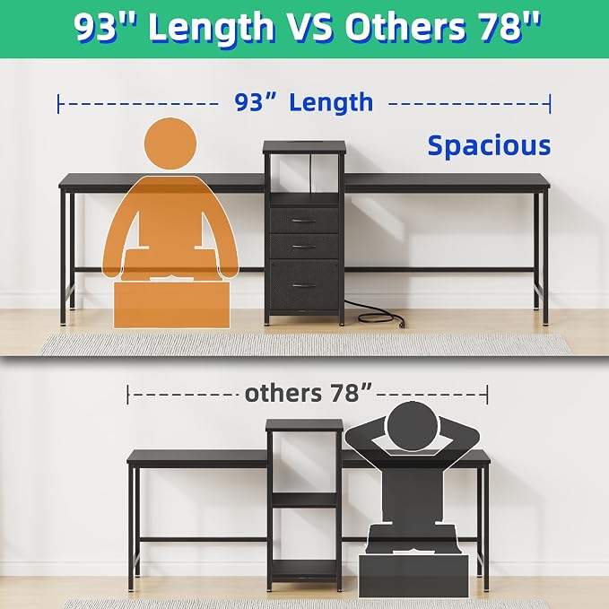 GYIIYUO 93'' Two Person Desk with Charging Station, Long Desk with 3 Drawer | Double Computer Desk with Printer Shelf, 2 Person Writing Study Table Workstation for Home Office, Black - Image 3