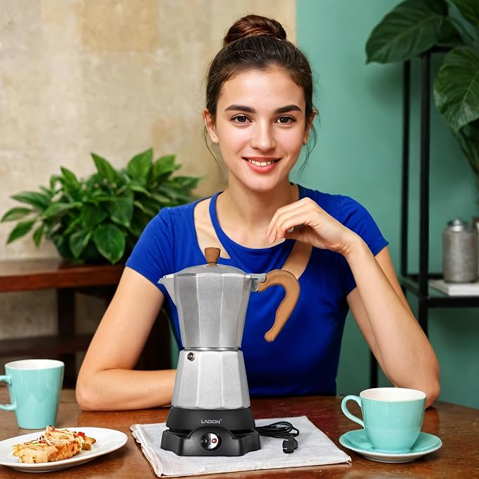 LAOION Cafeteras Electricas Modernas,6 Cup Portable Espresso Maker,300ml | Moka Pot with Detachable Base & Overheat Protection, Great for Home，Office, or Travel, a Thoughtful Gift for Coffee Lovers - Image 6
