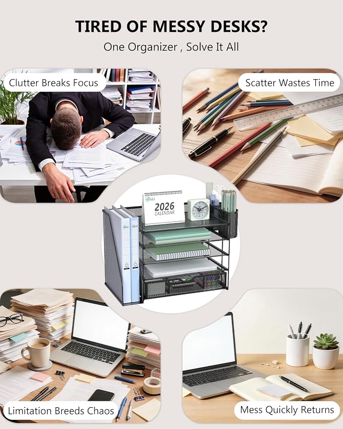 WALI Desk File Organizer, 5 Tier Desktop Paper Letter Tray Organizer with Drawer and 2 Pen Holders, Office Desk Accessories & Workspace Organizers for Office, Home Supplies(DO006DH-B), 1 Pack, Black - Image 3