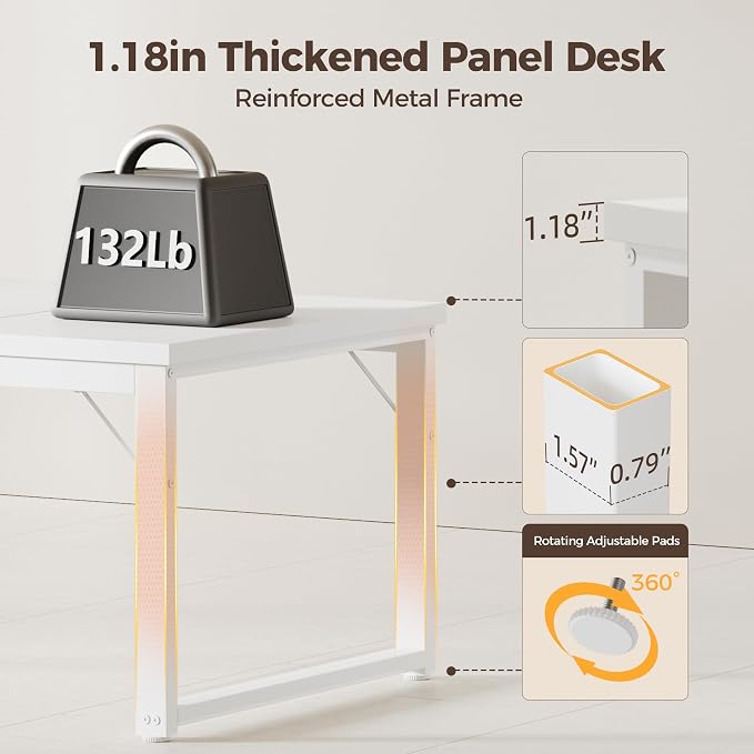 Mericonia 63 Inch Computer Desk with Power Outlets, 1.2" Thick Office Table | Modern Simple Style, Heavy Duty Industrial Frame, Large Study & Writing Table for Home Bedroom Work, White - Image 4