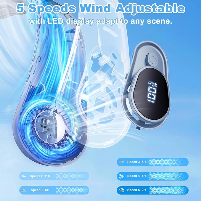 Portable Neck Fan Rechargeable - [with LED Display] 5 Speeds, 5000 mAh Battery Operated Wearable Personal Cooling Bladeless Fan for Outdoor Travel, Gifts for Men Women Kids,Sky Blue - Image 4