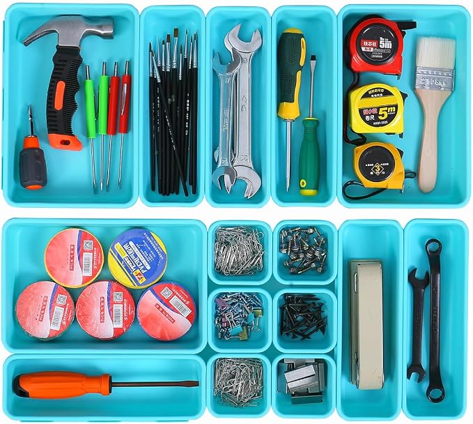 Kutesna 15PCS Interlocking Drawer Organizer, Plastic Desk Organizer Set | 3-Size Versatile Storage Bins,BPA-free,Non-slip, Fits Any Drawer for Cosmetics,Bathroom, Tools,Kitchen and Office（Blue&Green） - Image 6
