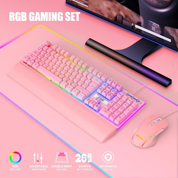RedThunder K10 Wired Gaming Keyboard and Mouse and Wrist Rest Combo, RGB Backlit, Mechanical Feel Anti-ghosting Keyboard + 7D 7200 DPI Mice+Soft Leather Wrist Rest 3 in 1 PC Gamer Accessories(Pink) - Image 8