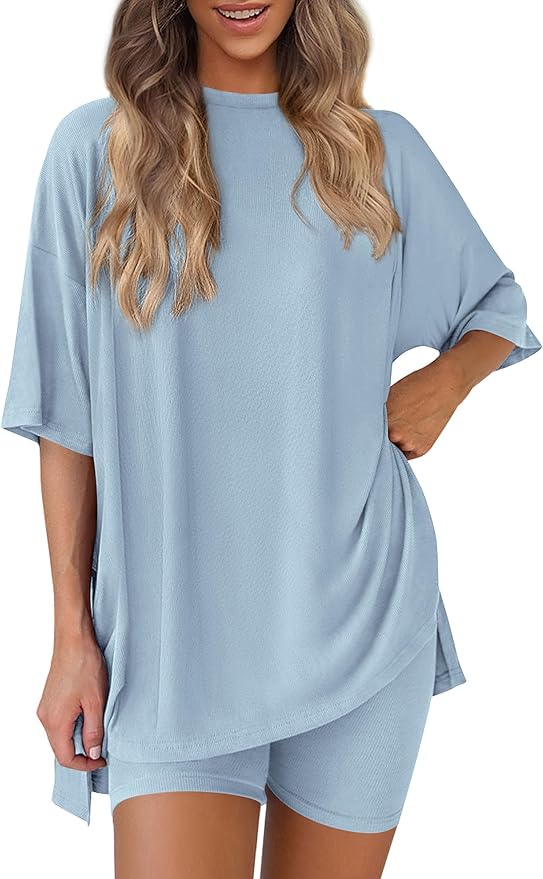 PRETTYGARDEN Women 2 Piece Lounge Set 2026 Summer Casual Oversized Shirts Biker Shorts Matching Airport Travel Outfit Clothes by PRETTYGARDEN