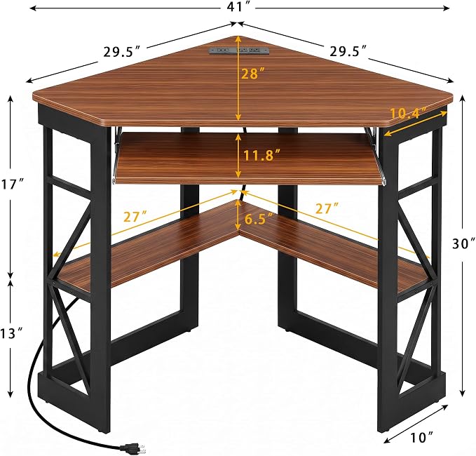 VECELO Corner Desk, Triangle Computer Desk for Small Space with Charging Station and Keyboard Tray, Corner Makeup Table with Storage Shelves for Home Office Bedroom, 41x30, Teak Brown - Image 3