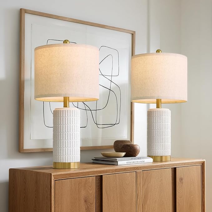 PoKat 21.5'' Stone-Like Bedside Table Lamps Set of 2 for Bedroom with 2 USB A+C, Modern Lamps for Living Room, Ceramic Nightstand Desk Lamps with Charging Ports Office Dorm Sideboard (Frosted White) - Image 5