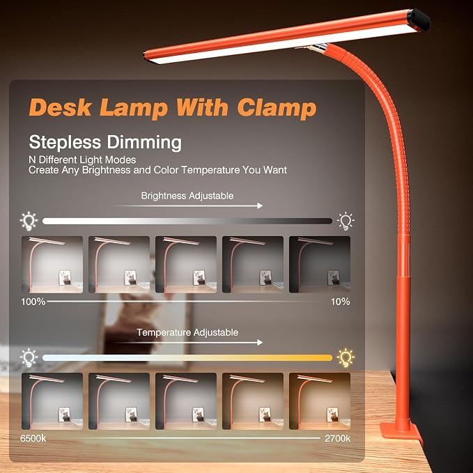 Airlonv LED Desk Lamp for Office Home, Eye-Caring Desk Light with Stepless Dimming Adjustable Flexible Gooseneck, 10W USB Adapter Desk Lamp with Clamp for Reading, Study, Workbench (Orange) - Image 2