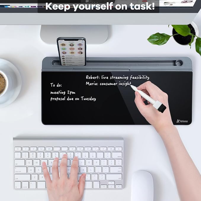 Varhomax Glass Desk Whiteboard with Storage, Desktop Organizer to-do List Memo Notepad Dry Erase White Board for Home Office and School Supplies (Gray&Black) - Image 2