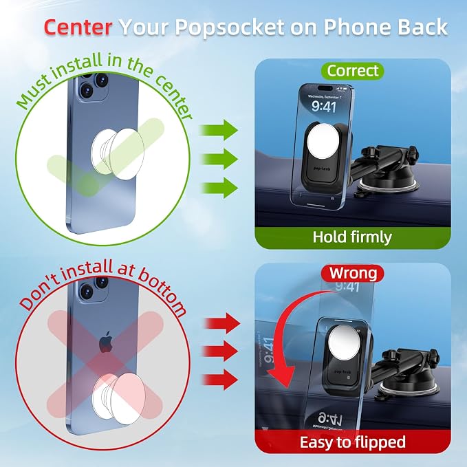 pop-tech Car Phone Mount for Pop Socket: Suction Cup Cell Phone Holders for Automobile Dashboard Windshield Window - Dash Mounted Cellphone Stand Black Fits Thick Socket Wallet Grip for iPhone Samsung - Image 4