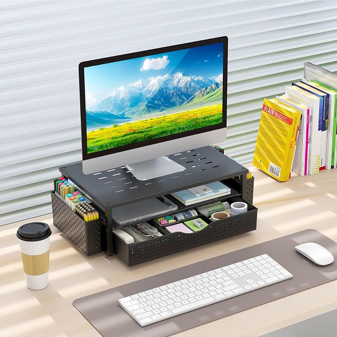 gianotter Desk Organizers and Accessories, Monitor Stand with Drawer and 2 Pen Holder, Desktop Organizer Suitable for Offices and Dormitories (Black) - Image 7
