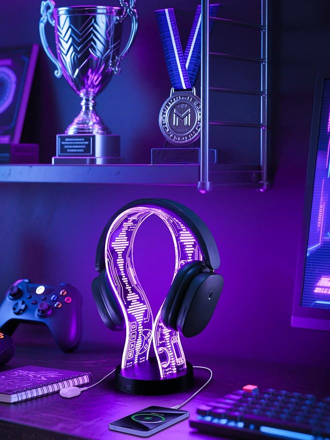 CoolGift Mart Light Up Headphone Stand with 16 Color Lights, Game Pattern Acrylic Headset Stand with 1 USB and 1 Type-C Charging Ports, Gifts for Gamers Men and Music Lovers - Image 7
