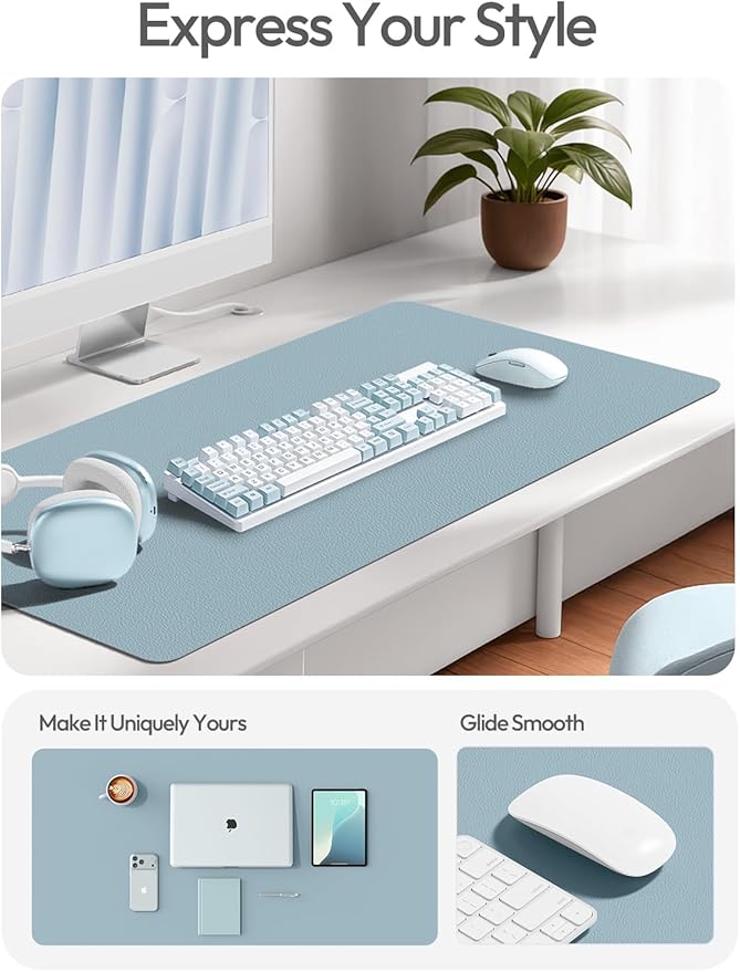 YSAGi Leather Desk Protector, Office Mat, Large Mouse Mat, Non-Slip PU Leather Blotter, Laptop Desk Pad, Waterproof Writing Pad for Office and Home (Ice Blue, 31.5" x 15.8") - Image 2