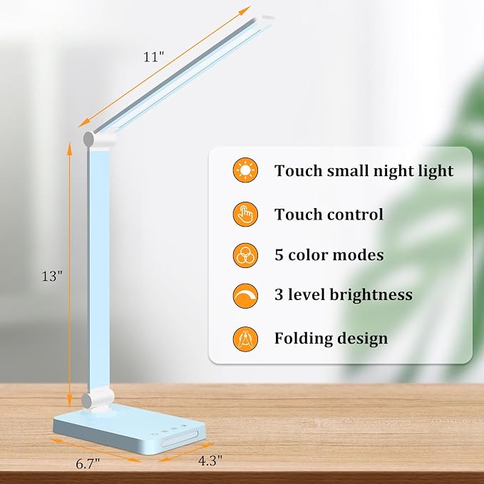 LED Desk Lamp with USB Ports,Touch Desk Lamps for Home Office with 5 Modes | 3 Brightness Desk Light with Small Night Light,Reading Lamp Table Lamp for Bedroom Bedside Study Blue （with adapter） - Image 3