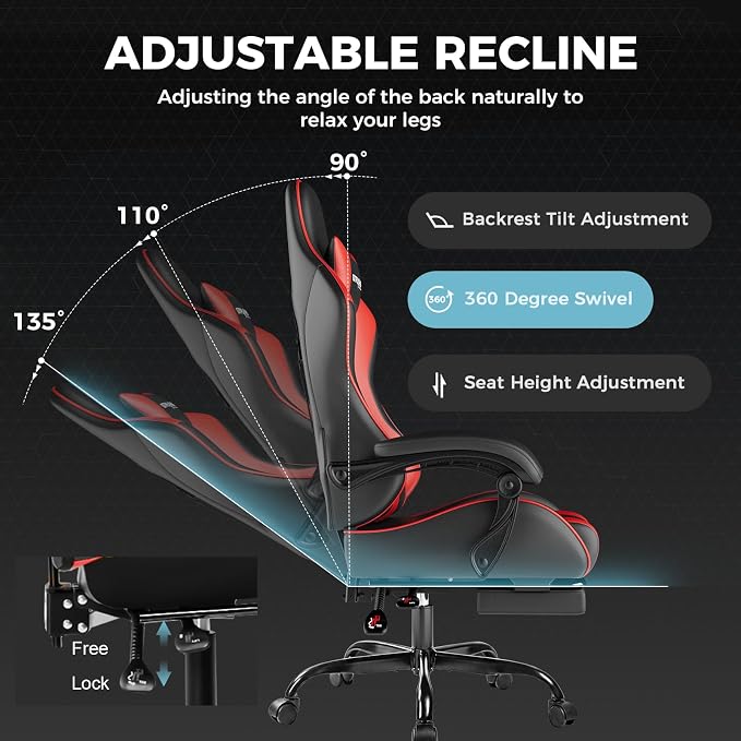 GTPLAYER Gaming Chair, Computer Chair with Footrest and Lumbar Support, Height Adjustable Game Chair with 360°-Swivel Seat and Headrest and for Office or Gaming (Faux Leather, Red) - Image 6