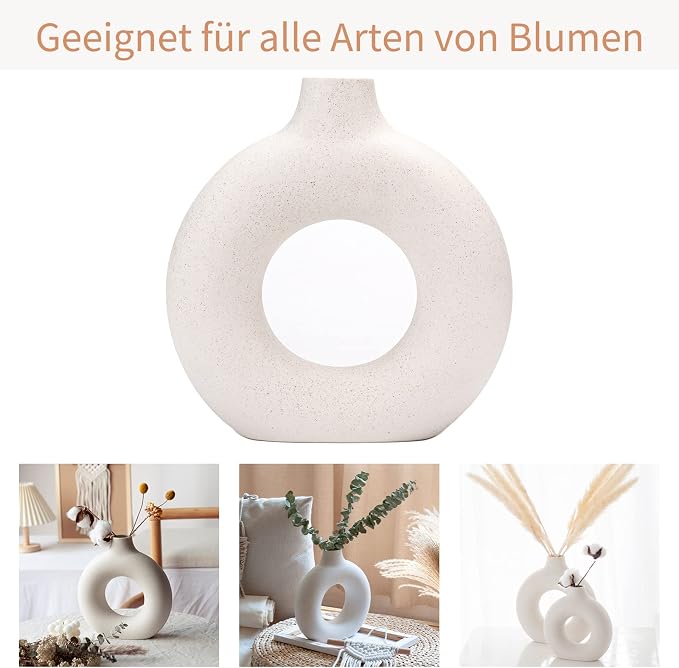 CEMABT White Donut Vase Hollow Ceramic Vase for Flowers Handmade Minimalist Boho ins Style Modern Home Decor for Wedding Dinner Table Party Living Room Office Bedroom(M) - Image 4