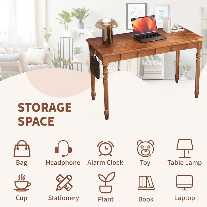 47 x 22 Inch Wooden Desk with Drawers -Simple Mid Century Modern Desk with 2 Hooks, Solid Rubber Wood Study Table for Living Room, Bedroom & Home Office, Walnut Color - Image 6