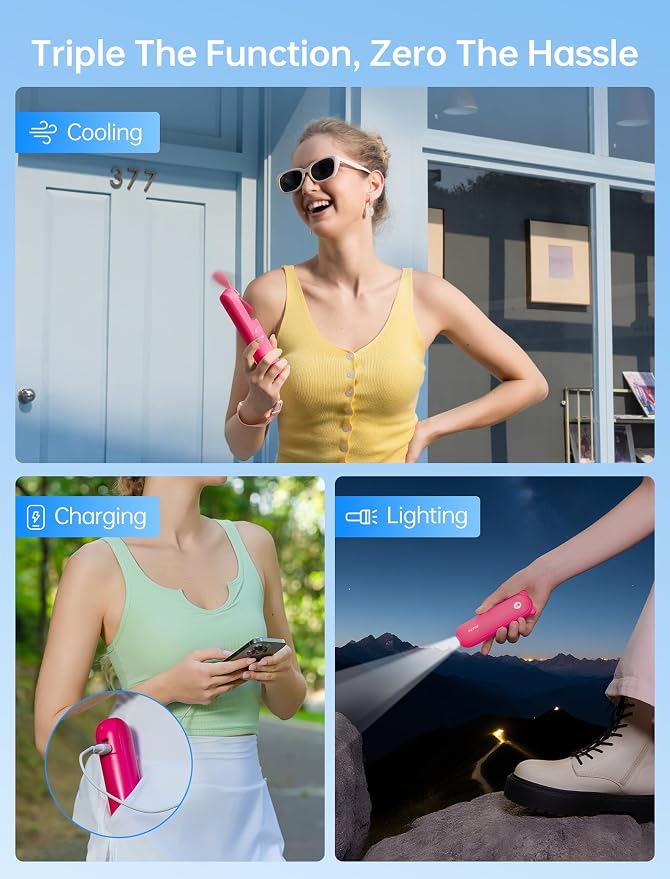 JISULIFE 3 IN 1 Handheld Mini Fan - Portable Fan & Power Bank & Flashlight, 19H Max Cooling, USB Rechargeable, Pocket-Sized for Travel, Cruise, Concerts, Makeup, 2026 Summer Gifts for Women(Fuchsia) - Image 2
