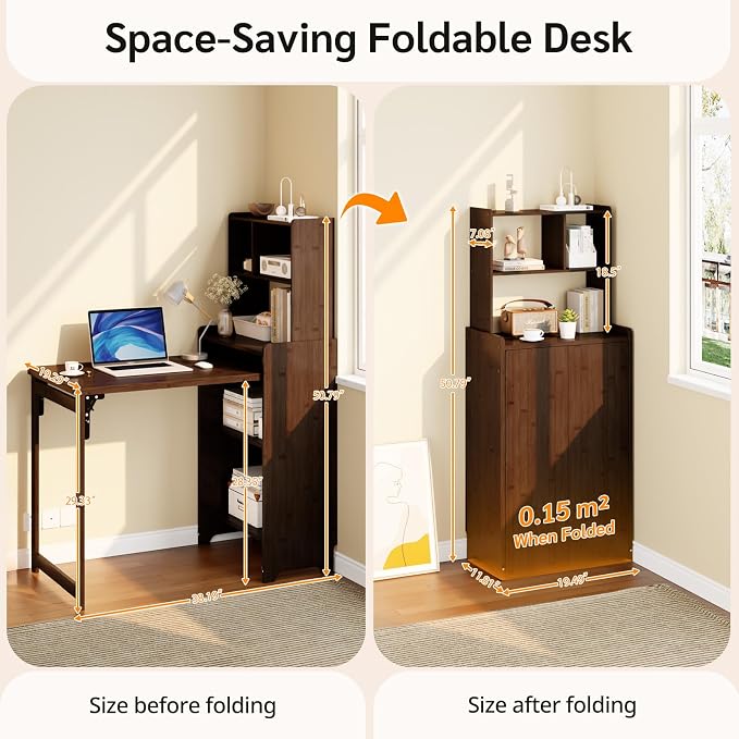 Bamboo Folding Desk with Bookshelf, Foldable Desk for Small Spaces, Brown | Space-Saving Computer Desk with Storage, Compact Size, Writing Study Table for Home Office, Bedroom, Dorm, Apartment - Image 4