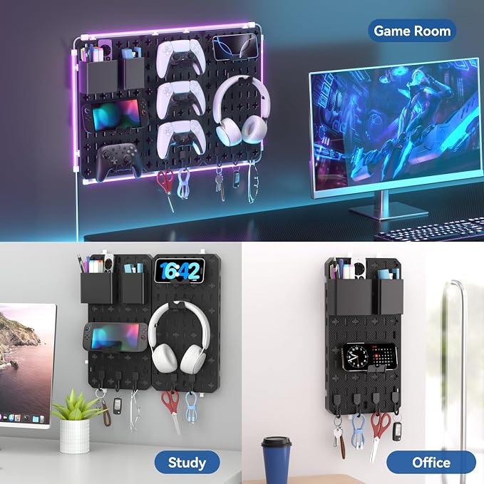 KDD 9 in 1 RGB Gaming Wall Organizer Peg Board - DIY Pegboard Combination Kit with Phone Stand/Pen Holder/Storage Box/Headset & Controller Holder/Hooks for Office & Home Gamer Room Decor Accessories - Image 7