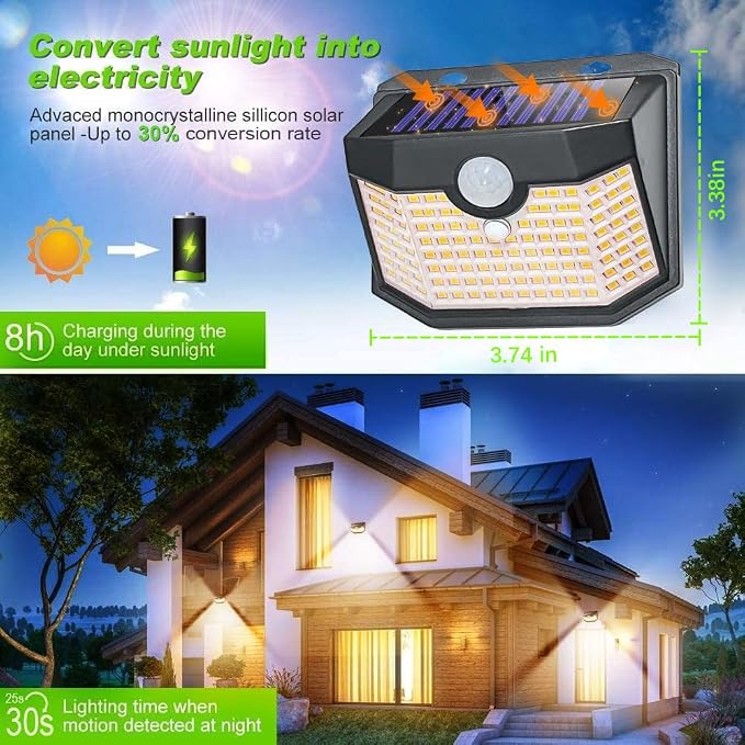 HMCITY 120 LED Outdoor Solar Lights- with Motion Sensor and 3 Lighting Modes, IP65 Waterproof Wide Solar Wall Lights Ideal for Garden Patio Yard (Front Button 8Packs, Black Shell-Warm White) - Image 2