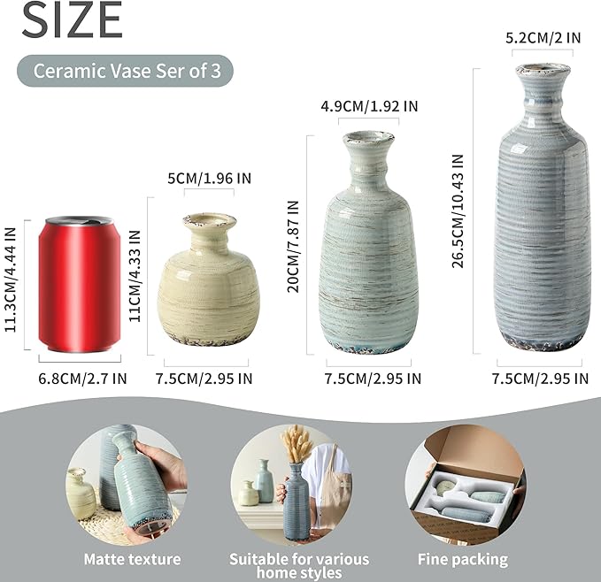 Ceramic Vase Set of 3, Rustic Neutral Vases Home Decor Farmhouse Decorative Flower Vase Modern Boho Pampass Vases for Table Mantel Entryway Shelf Living Room Kitchen Bathroom - Multicolor - Image 2