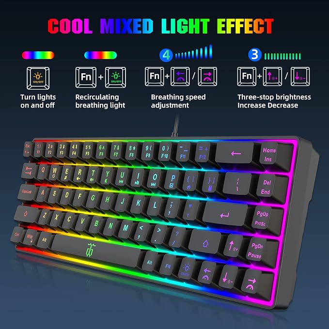 Snpurdiri 60% Wired Gaming Keyboard, 68 Keys, Black | Rainbow Backlit Mini Membrane Gaming Keyboard for Windows PC Gamers - Image 6