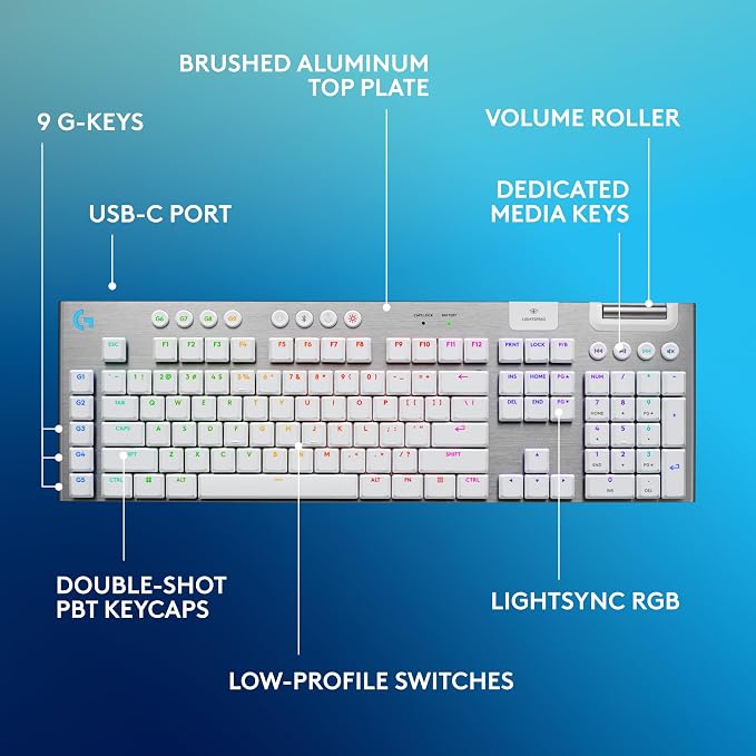Logitech G915 X Lightspeed Wireless Gaming Keyboard (Tactile) - White | Low-Profile, Double-Shot PBT Keycaps, Fully Programmable Keys, RGB Backlighting, Sleek Aluminum Finishing, GL Brown - Image 6