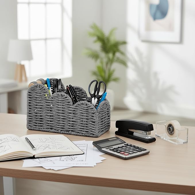 CubesLand Bedside Table Desk Organizer Caddy, Remote Pen&Pencil Holder Cup | Makeup Brush Holder w/Scalloped Perfect for Home, Office Desk, Living Room Table Decor, 3 Slots Grey - Image 5