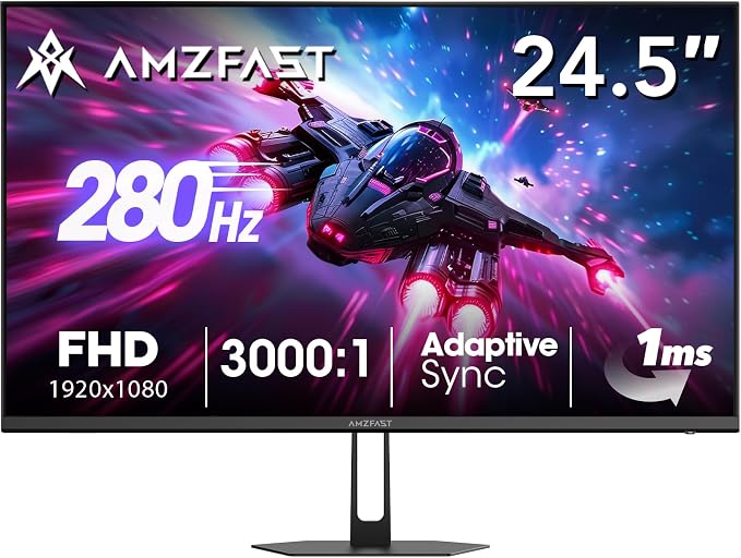 Amzfast 24.5 Inch 280Hz/240Hz FHD 1080p Gaming Monitor, 1ms Adaptive Sync, 3000:1, 126% sRGB, 93% DCI-P3, TÜV Rheinland Eye Care, HDMI 2.0 x 2 & DP 1.4 x 2, AMZG25X1 Pro by Amzfast