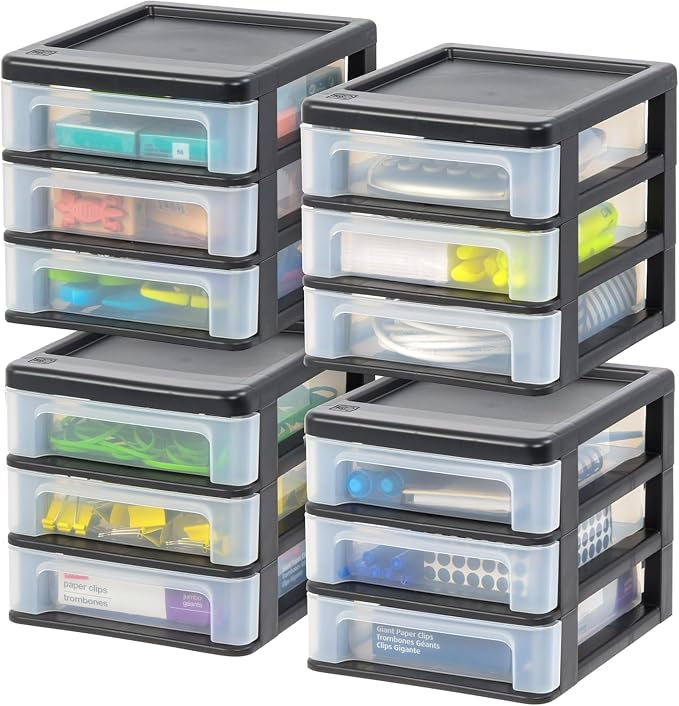 IRIS USA 4-Pack, 3-Drawer Small Plastic Stacking Desktop Organizer, Black | Organize office supplies, stationery, makeup, craft materials and everyday essentials for neat desktop storage by IRISUSA