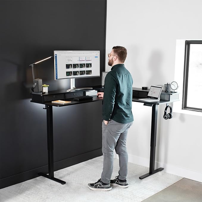 VIVO Black 63 x 55 in Corner Standing Desk, DESK-E3CVB | Electric, 2-Tier, L-Shaped, Sit Stand, Height Adjustable, Memory, Black Top, Black Frame, Dark Gray Drawers - Image 2