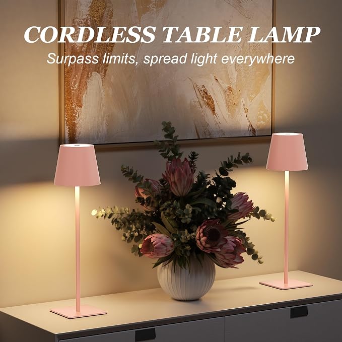 Kakanuo Pink Cordless Rechargeable Table Lamp 5000mAh Battery Operated Lamps, 3 Colors Stepless Dimming Touch Lamp for Living Room, Kitchen Counter, Dining, Outdoor Patio, 2 Pack - Image 6