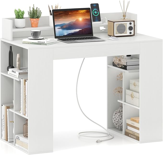 Giantex White Desk with Storage Shelves, 43" Home Office Computer Desk with Charging Station, Dual 3 Tier Bookshelf & Monitor Stand, PC Table Workstation, Modern Study Writing Desk for Bedroom, Dorm by Giantex