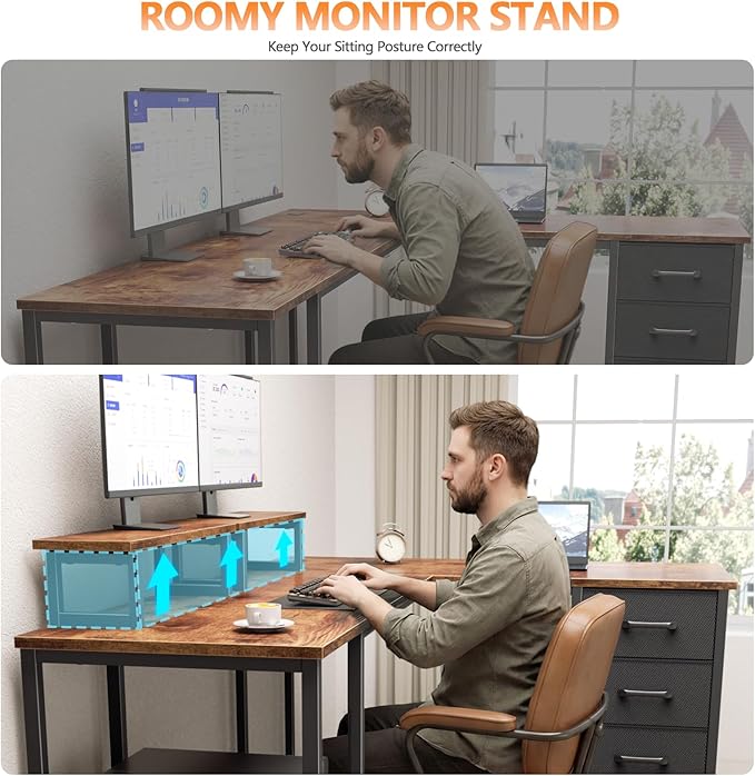 Korfile 59 inch L Shaped Computer Desk with Power Outlets, Rustic Brown | Ideal for Home Office, Bedroom, Corner, 4 Adjustable Storage Drawers, 2 Monitor Stands, Reversible, Two Person Gaming Table - Image 7