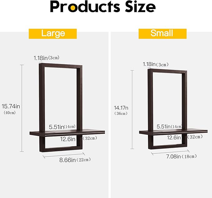 PHOENANCEE Square Floating Shelves,Wall Plants Holder,Bathroom Wall Decor,Framed Decorative Shelf Black,Modern Chic Set of 2 for Living Room Bedroom Home Office,Soild Wood,L+S(Walnut - Image 3