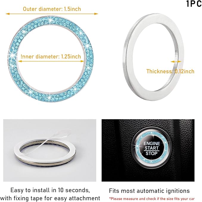 Kewucn Bling Crystal Double Rhinestone Car Engine Start Decoration Ring, Sparkling Push Start Button Sticker, Key Ignition & Knob Ring Decoration, Bling Car Interior Accessory (Lake Blue) - Image 2