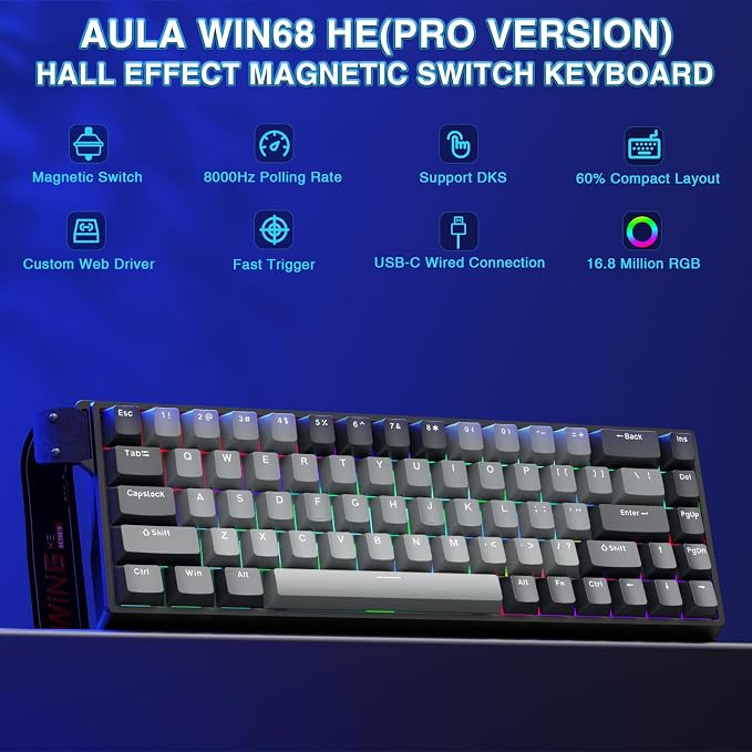 AULA WIN68 HE PRO - Hall Effect Gaming Keyboard with Magnetic Switch, Fast Trigger Mode Adjustable Actuation, 8KHz Polling Rate, Wired RGB Backlit Mechanical Gaming Keyboard 60 Percent Compact Design - Image 2