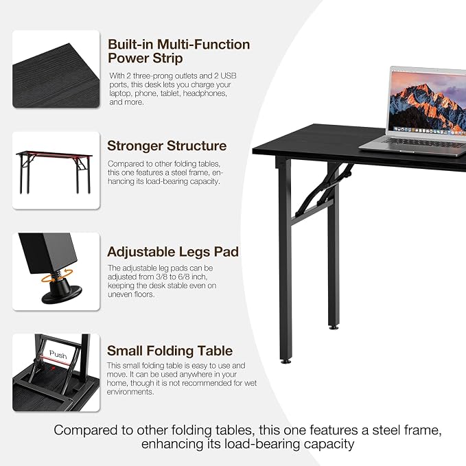 TEMI Long Computer Desk Folding Table - 55.1" Foldable Office Desk, No Assembly, Perfect Writing Table for Bedroom or Apartment, Portable Large Desk or Study Table with Compact Design, Dark Oak - Image 7