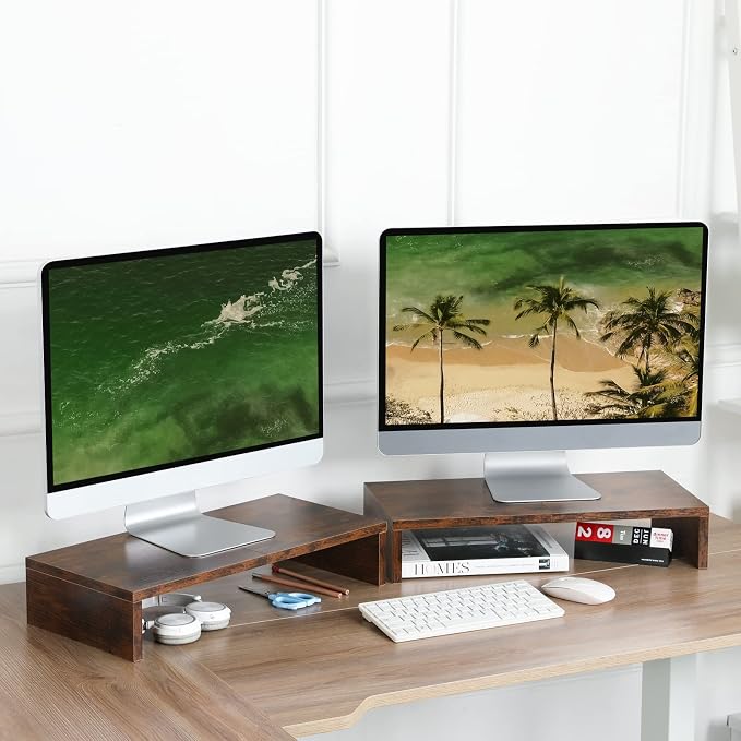TEAMIX 2 Pack Monitor Stand Riser-20 inch, Wooden Tabletop Shelf for TV/PC/Laptop/Printer, Rustic Brown Monitor Riser with Storage, Computer Stand Ergonomic Design - Image 2