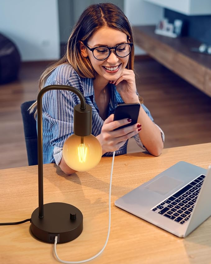 ONEWISH Industrial Table Lamp Set of 2 with USB C&A Charging Port, Stepless Dimmable Nightstand Bedside Lamps for Bedroom,Desk Lamps with 2700K Black Gradient Bulb for Reading Living Room,Office - Image 6