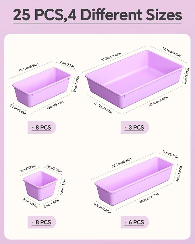 KEMETHY 25 PCS Plastic Drawer Organizers Set, 4 Sizes Vanity Organizer, Makeup and Desk Drawer Organizer Trays, Organization and Storage for Makeup, Bathroom, Kitchen Utensils and Office (Purple) - Image 2