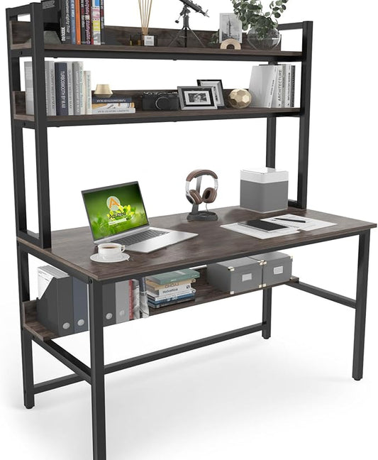 Aquzee Desk with Hutch Bookshelves, Computer Desk with 3 Tiers Storage Shelves, Space Saving Design Black Metal Legs Desk with Grey Board, Easy Assemble by Aquzee