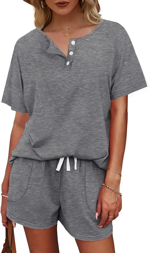 WIHOLL Two Piece Outfits for Women Lounge Sets Button Down Top and Shorts Set Sweatsuits with Pockets - Image 3