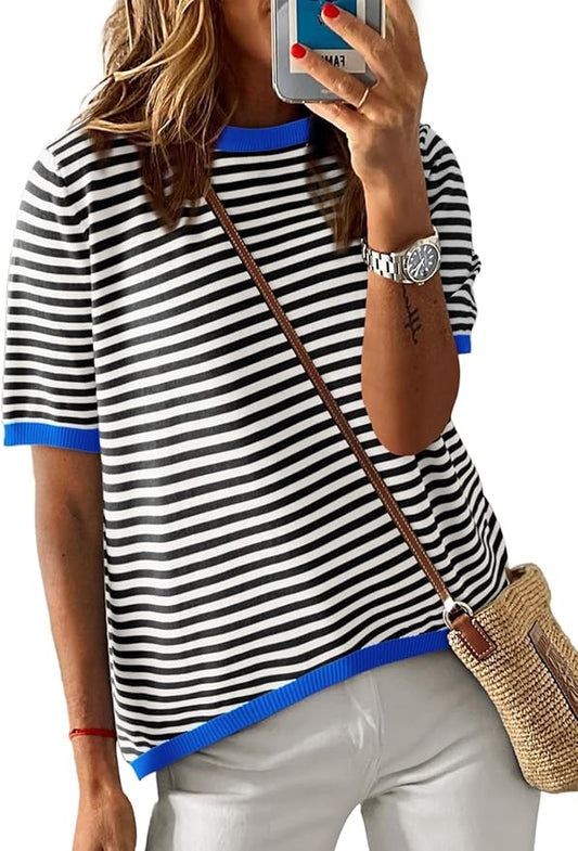 Dokotoo Womens Tops 2026 Casual Summer Crewneck Short Sleeve Striped Color Block Knit High Low Trendy Pullover Sweaters by Dokotoo
